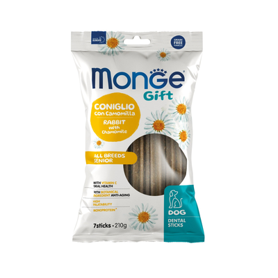 Monge Gift Dental Sticks Senior All Breeds conejo y manzanilla · envase frontal