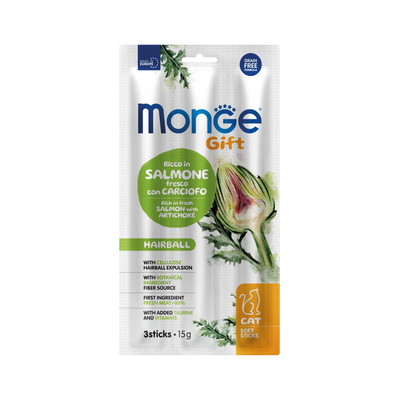 Monge Gift Soft Sticks hairball salmon y alcachofa