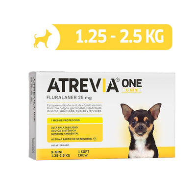 Agrovet Market | Atrevia ONE fluralaner antipulgas y antigarrapatas mensual para perros (4 tabletas masticables) – X-Mini · perros de 1,25 a 2,5 kg