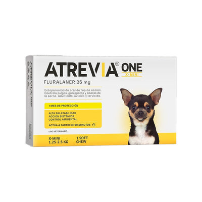 Agrovet Market | Atrevia ONE fluralaner antipulgas y antigarrapatas mensual para perros (4 tabletas masticables) – X-Mini · perros de 1,25 a 2,5 kg