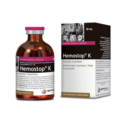 Agrovet Market | Hemostop K vitamina K3 y carbazocromo antihemorrágico inyectable – Frasco de 20 ml, Frasco de 50 ml
