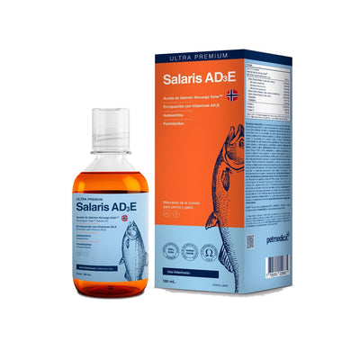 Agrovet Market | Salaris AD3E aceite de salmón noruego con vitaminas A, D3 y E para perros y gatos – Frasco de 180 ml, Frasco de 350 ml