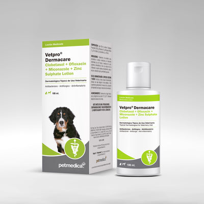 Agrovet Market | Vetpro Dermacare loción con clobetasol, ofloxacino, miconazol y zinc para perros y gatos – 50 ml, 200 ml