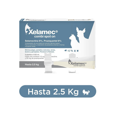 Agrovet Market | Xelamec Combi Spot On selamectina y praziquantel pipetas para perros y gatos (caja x 5) – Pipetas de 0,25 mL · hasta 2,5 kg