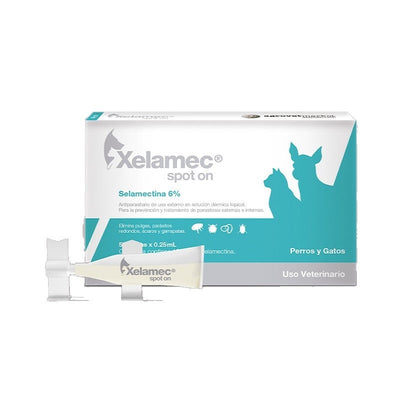 Agrovet Market | Xelamec Spot On selamectina pipetas antiparasitarias para perros y gatos (caja x 5) – Pipetas de 0,25 mL · hasta 2,5 kg y Pipetas de 0,5 mL · 2,6 a 5 kg y Pipetas de 1 mL · 5,1 a 10 kg