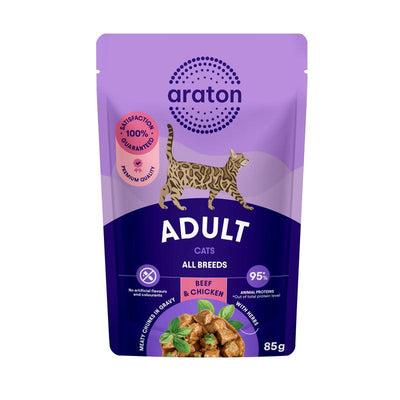 Araton Adult gatos res y pollo, sobre de 85 g · envase frontal (nuevo diseño)