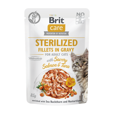 Brit Care Cat Sterilized Fillets in Gravy salmón y atún · envase frontal