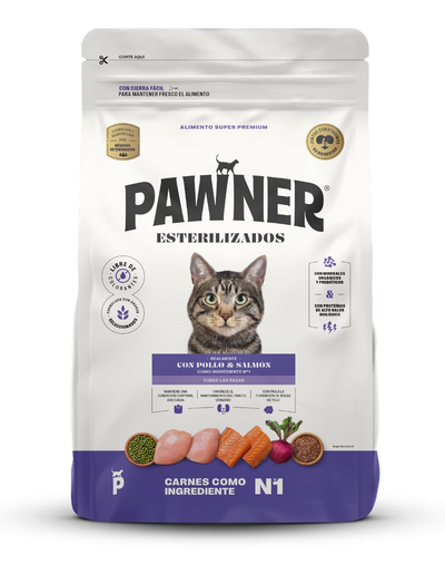 Pawner | Cat adultos esterilizados con pollo y salmón – empaque frontal