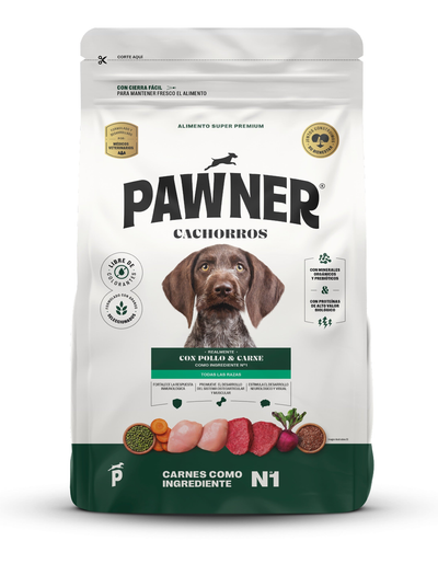Pawner | Dog cachorros todas las razas con pollo y carne – empaque frontal