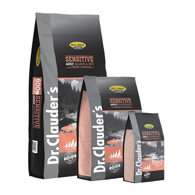 Dr.Clauder’s Best Choice Adult, salmón y arroz para perros · bolsas en distintos tamaños