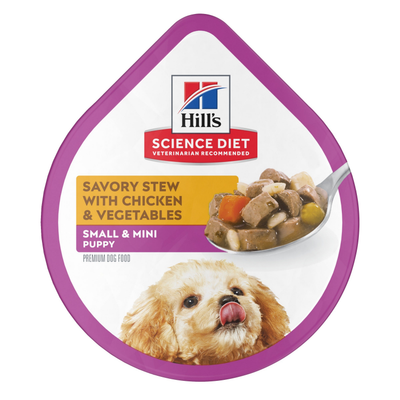 Hill's Science Diet | Alimento húmedo para perros cachorros de razas pequeñas y miniatura Puppy Small & Mini. Estofado de pollo y vegetales (Bandeja de 99 g)
