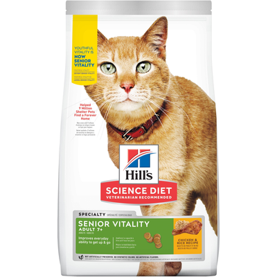 Hill's Science Diet | Alimento seco para gatos maduros Senior Vitality Adult 7+. Receta de pollo y arroz.