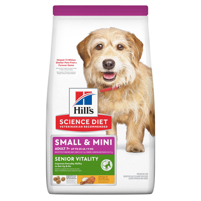 Hill's Science Diet | Alimento seco para perros maduros Adult 7+ Senior Vitality Small & Mini . Receta de pollo y arroz marrón.