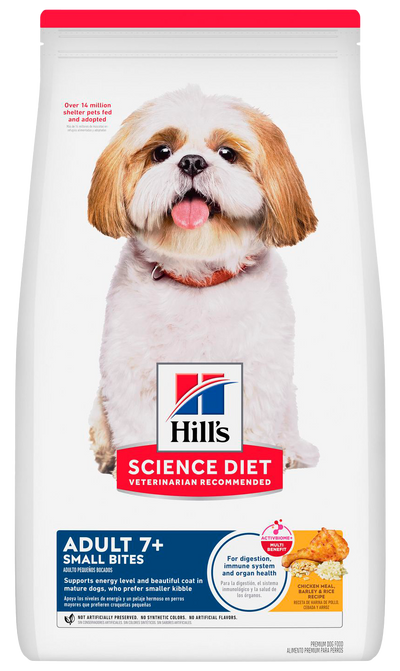 Hill's Science Diet | Alimento seco para perros maduros Adult 7+ Small Bites. Receta de pollo, cebada y arroz.