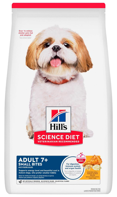 Hill's Science Diet | Alimento seco para perros maduros Adult 7+ Small Bites. Receta de pollo, cebada y arroz.