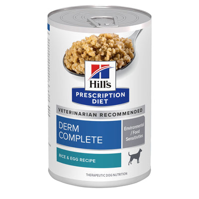 Hill's Prescription Diet | Alimento húmedo para perros Derm Complete. Receta de arroz y huevo. (Lata de 369 g)