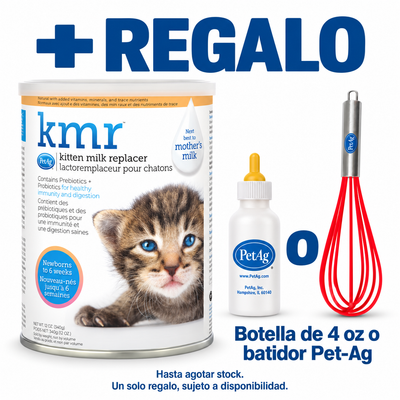 KMR | Leche de reemplazo en polvo para gatitos 340 g con 1 botella de 4 oz o 1 batidor Pet-Ag de regalo. Incluye un solo regalo, sujeto a disponibilidad. Hasta agotar stock.