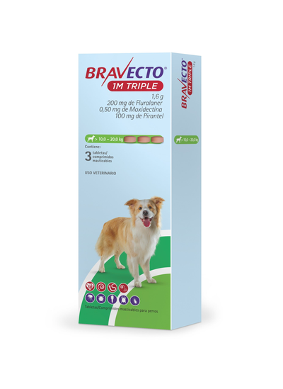 Bravecto 1M Triple — 10 a 20 kg, caja de 3 tabletas, imagen oficial MSD