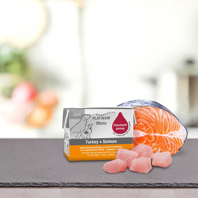 Platinum Menu Adult Turkey & Salmon · envase de 90 g (foto oficial)