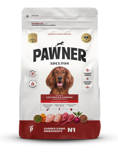 Pawner | Dog adultos razas medianas y grandes con pollo y cordero – empaque frontal