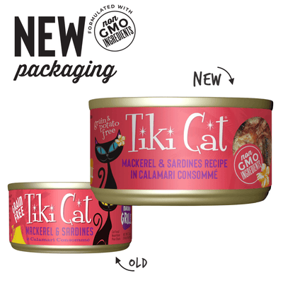 Tiki Cat Grill Makaha, caballa, sardina y calamar · lata con el diseño anterior y el nuevo