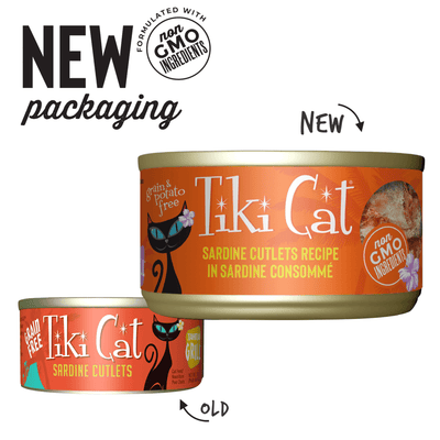 Tiki Cat Grill Tahitian, sardina · lata con el diseño anterior y el nuevo