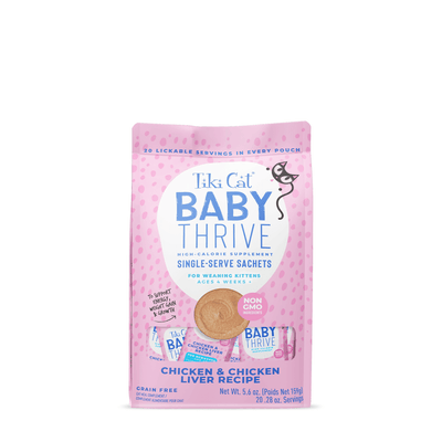 Tiki Cat Baby Thrive, pollo e hígado de pollo · bolsa de 20 sachets, vista frontal