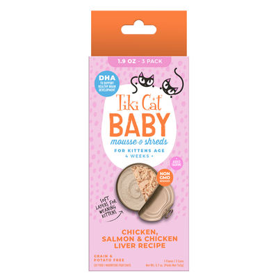 Tiki Cat Baby Mousse & Shreds, pollo, salmón e hígado de pollo · caja de 3 latas, vista frontal