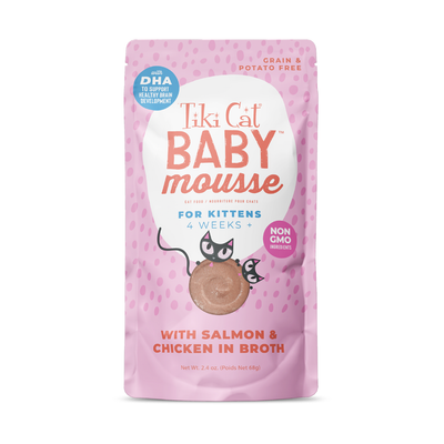 Tiki Cat Baby Mousse (Velvet Mousse Kitten), salmón y pollo · sobre frontal