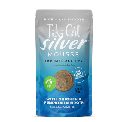 Tiki Cat Silver Mousse (Velvet Mousse Senior), pollo y calabaza · sobre frontal