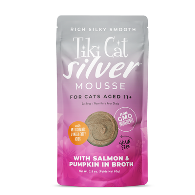 Tiki Cat Silver Mousse (Velvet Mousse Senior), salmón y calabaza · sobre frontal
