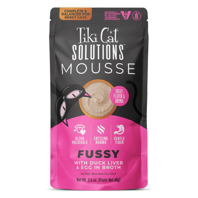 Tiki Cat Solutions Fussy Mousse (Special Mousse Fussy), hígado de pato y huevo · sobre frontal
