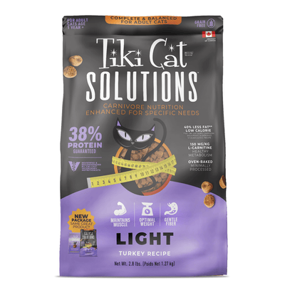 Tiki Cat Solutions Light (Born Carnivore Optimal Weight), pavo · bolsa frontal