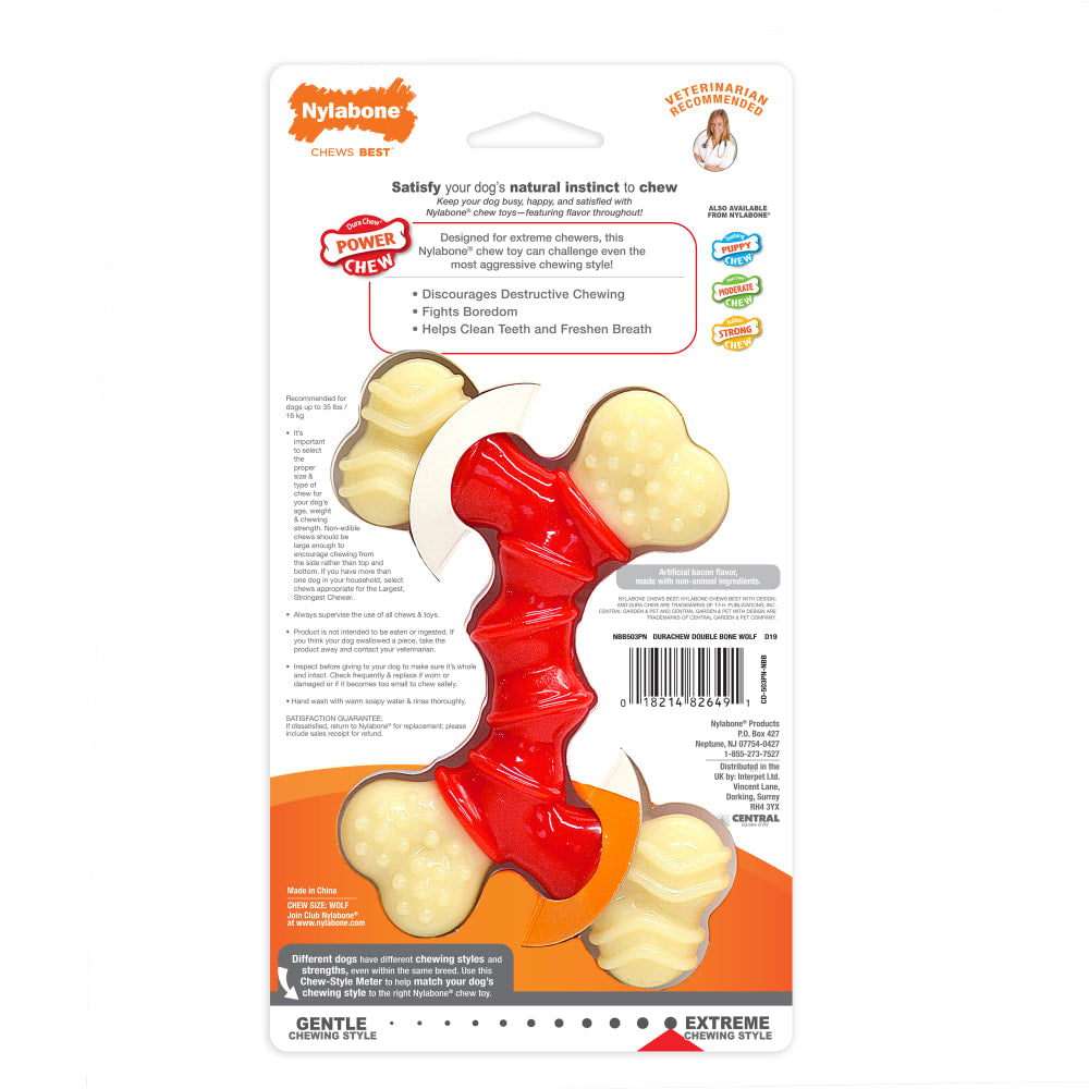 Nylabone Power Chew Double Bone Bacon — empaque reverso