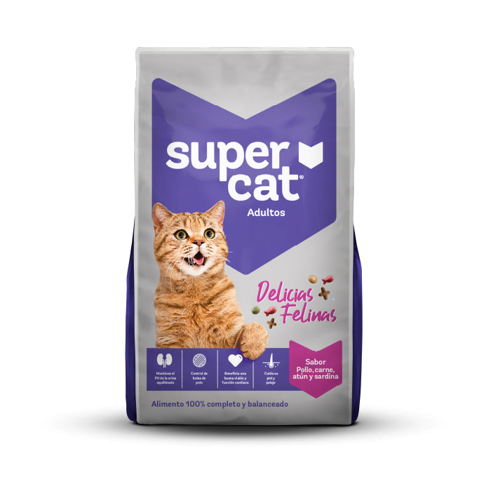 Supercat | Delicias Felinas adultos sabor pollo, carne, atún y sardina – 9 kg