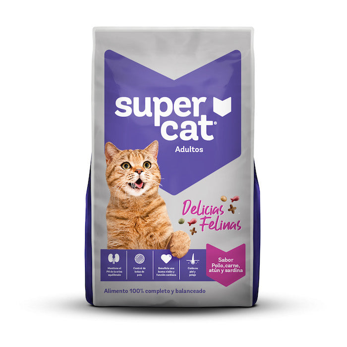 Supercat | Delicias Felinas adultos sabor pollo, carne, atún y sardina – 15 kg