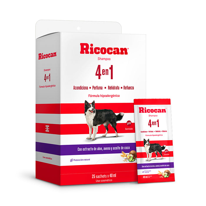 Ricocan | Shampoo 4 en 1 para perros adultos – Disp 40 ml x 25 un