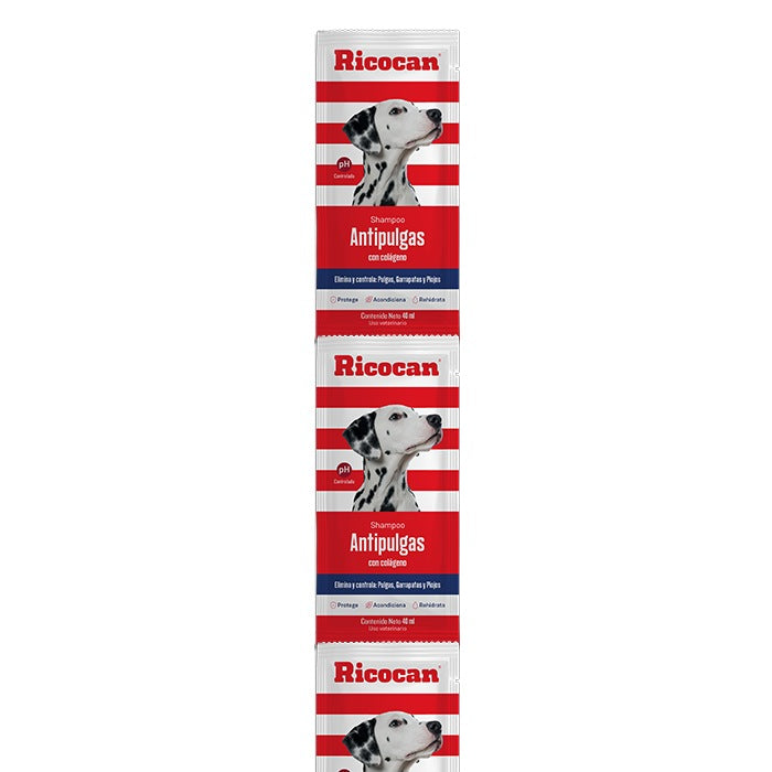 Ricocan | Shampoo Antipulgas con colágeno para perros – Tira 40 ml x 10 un