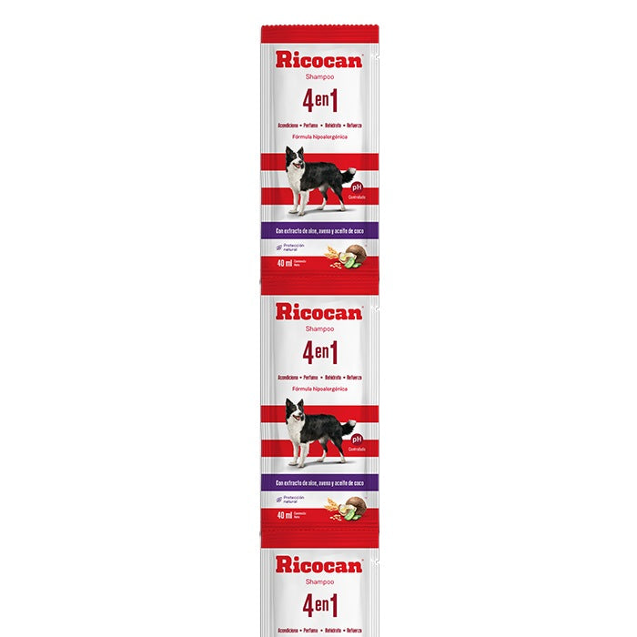Ricocan | Shampoo 4 en 1 para perros adultos – Tira 40 ml x 10 un