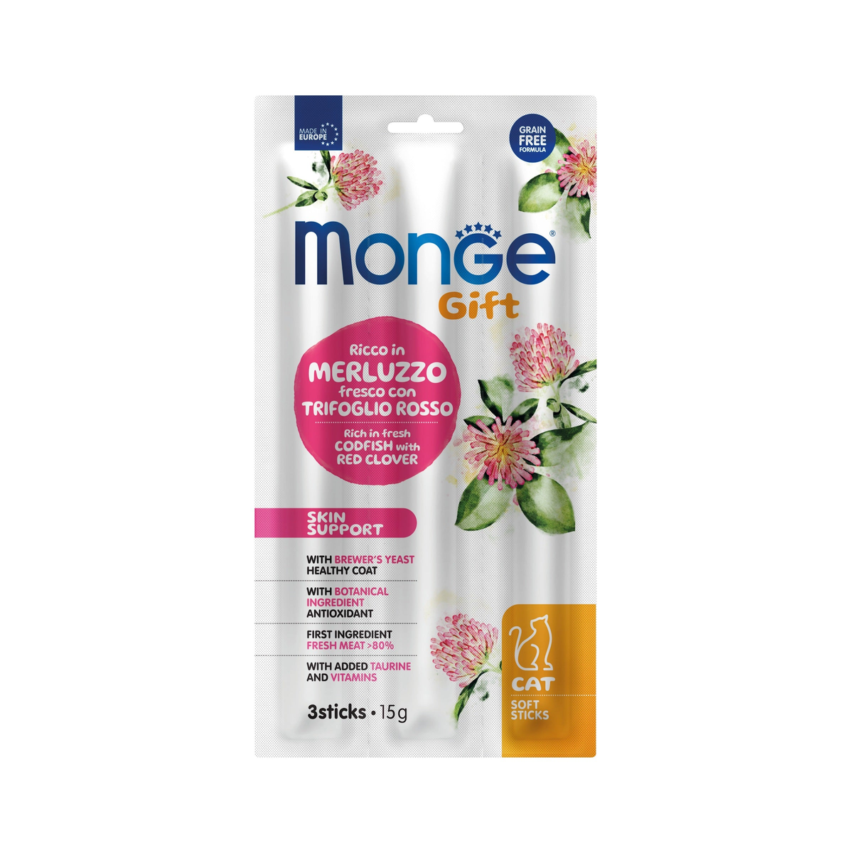 Monge Gift Soft Sticks Skin Support bacalao y trébol rojo · envase frontal