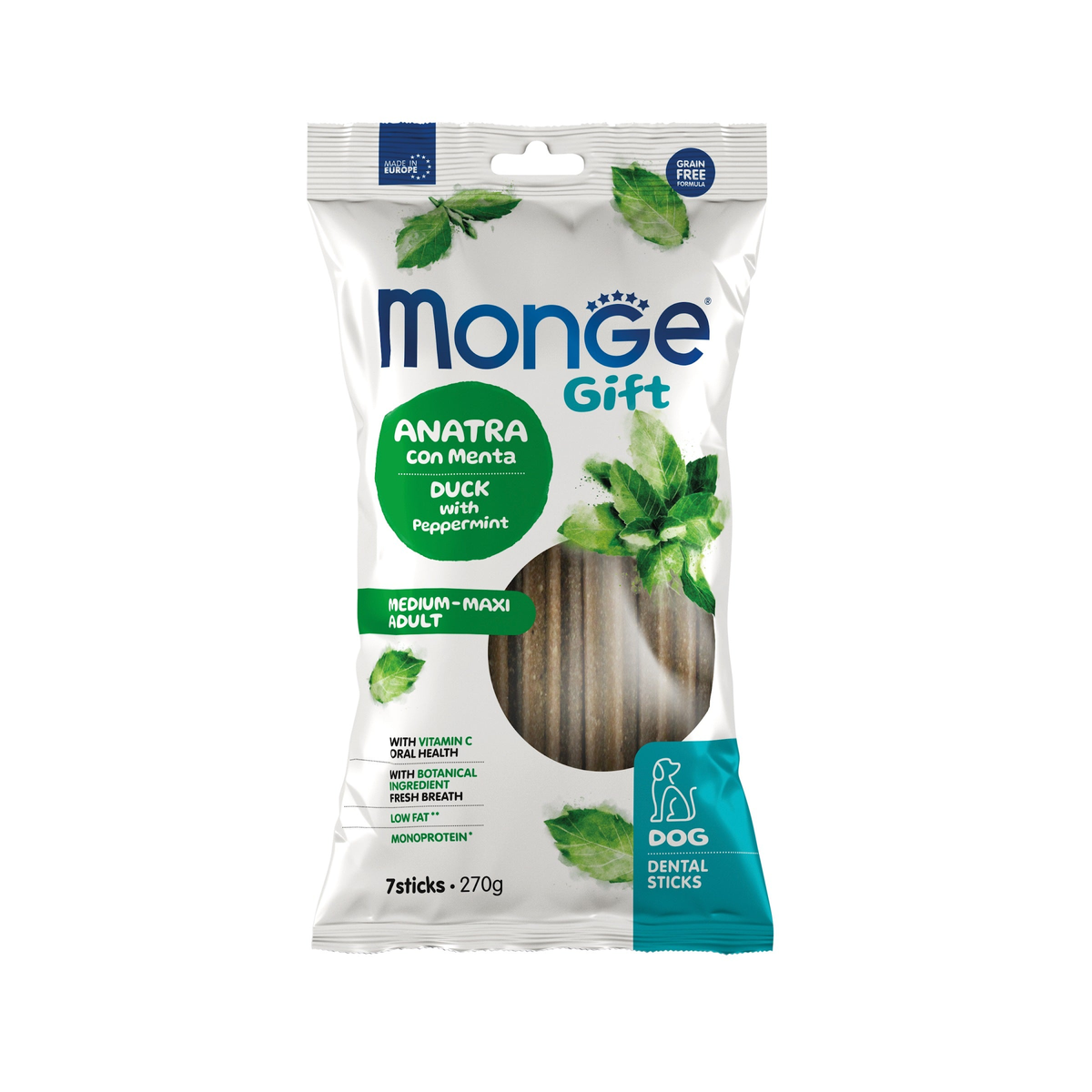 Monge Gift Dental Sticks Medium-Maxi pato y menta · envase frontal
