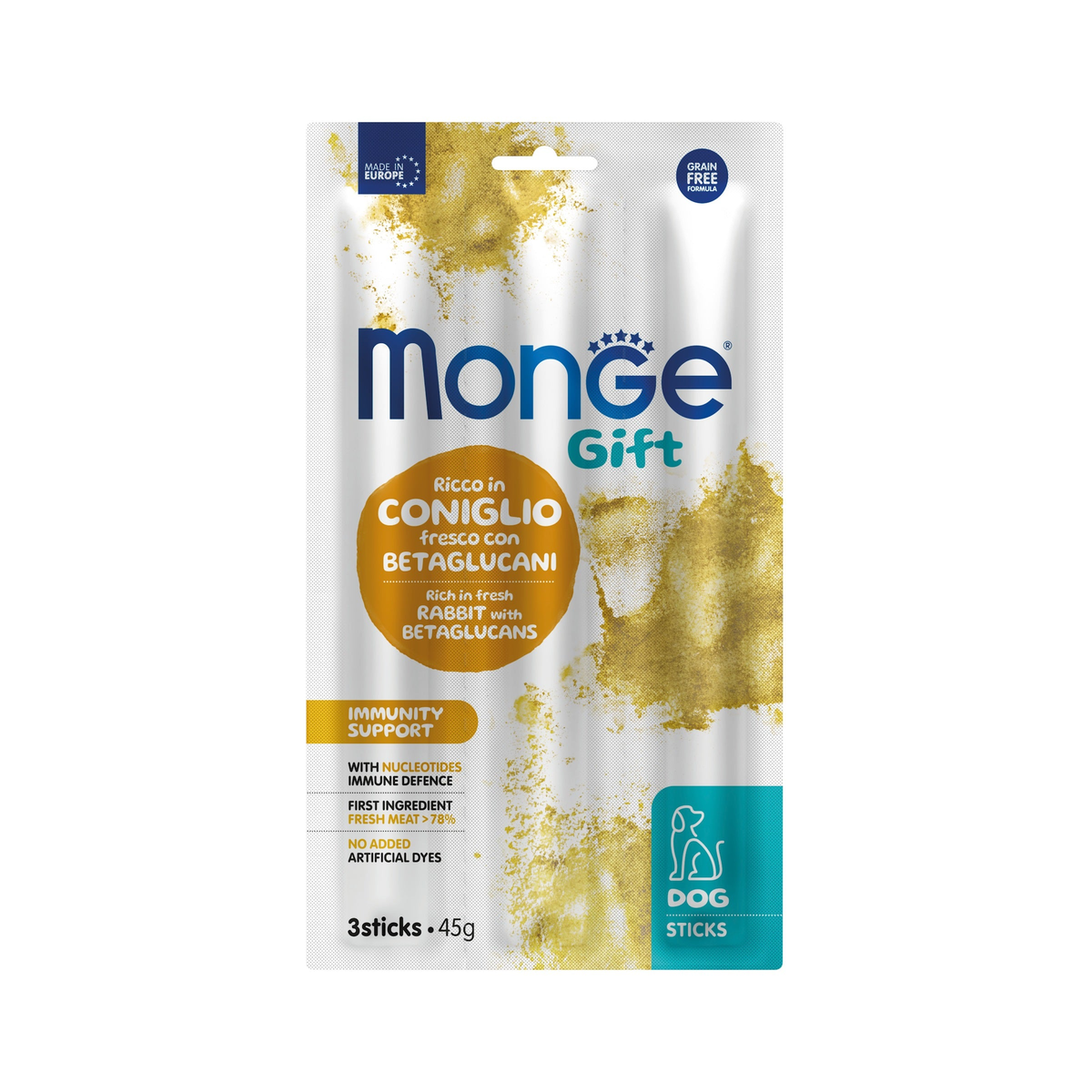 Monge Gift Sticks Immunity Support conejo · envase frontal