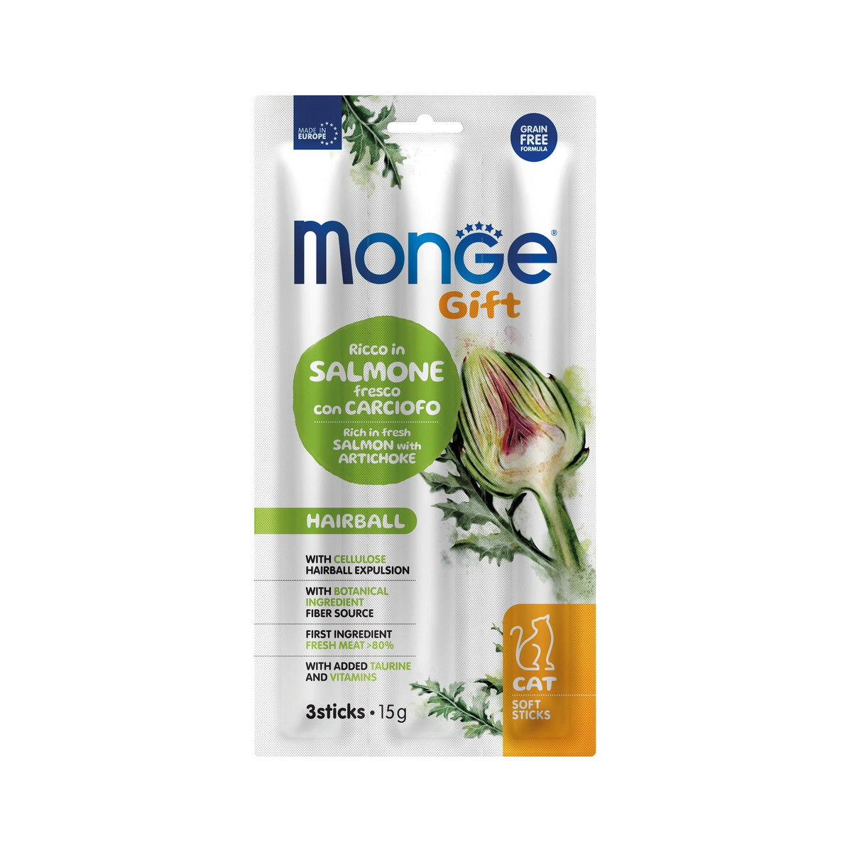 Monge Gift Soft Sticks Hairball salmón y alcachofa · envase frontal