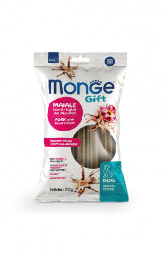 Monge Gift | Premios dentales para perros cachorros Medium-Maxi. Cerdo y garra del diablo