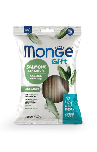 Monge Gift | Premios dentales para perros adultos Mini. Salmón y salvia