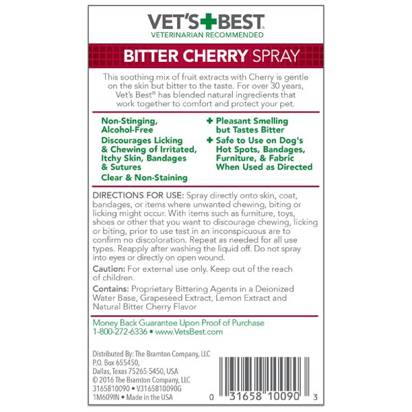 Vet's Best Bitter Cherry Spray — etiqueta trasera