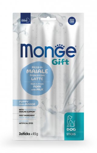 Monge Gift | Premios Sticks para perros cachorros. Cerdo y leche