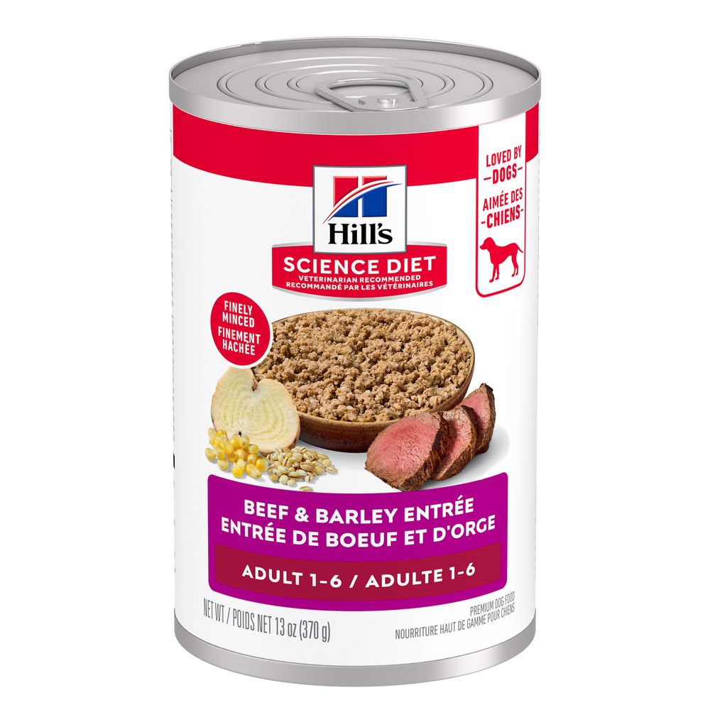 Hill's Science Diet | Alimento húmedo para perros adultos. Receta de carne de res y cebada (Pack de 6 latas de 369 g)