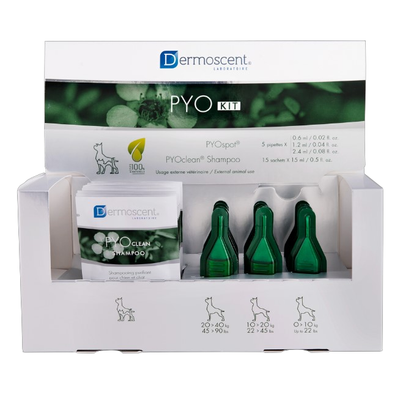 Dermoscent PYO Kit: 15 pipetas PYOspot y 15 sachets PYOClean Shampoo