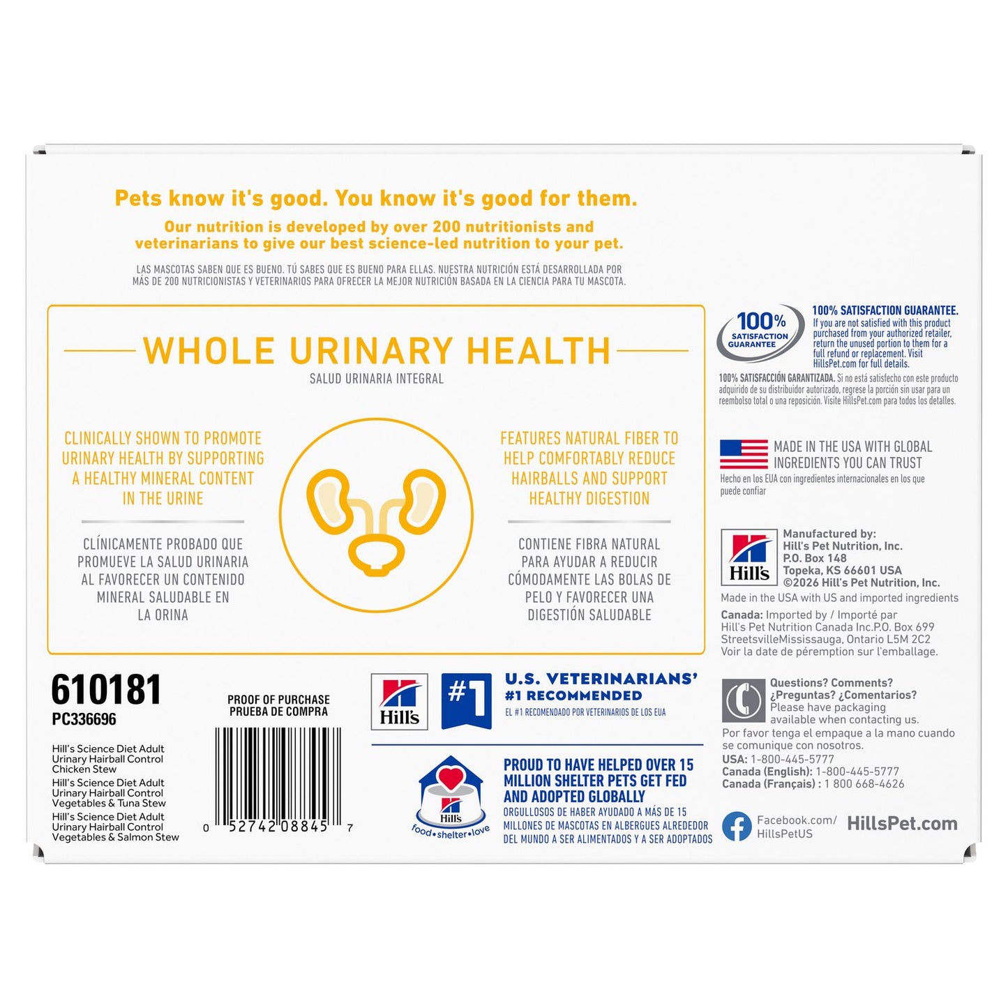 Hill's Science Diet | Alimento húmedo para gatos adultos Adult Urinary & Hairball Control (Pack de 6 latas de 82 g)